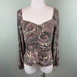 Boston Proper Paisley Boho Ruched Knit Top - Pink and Gray size Medium